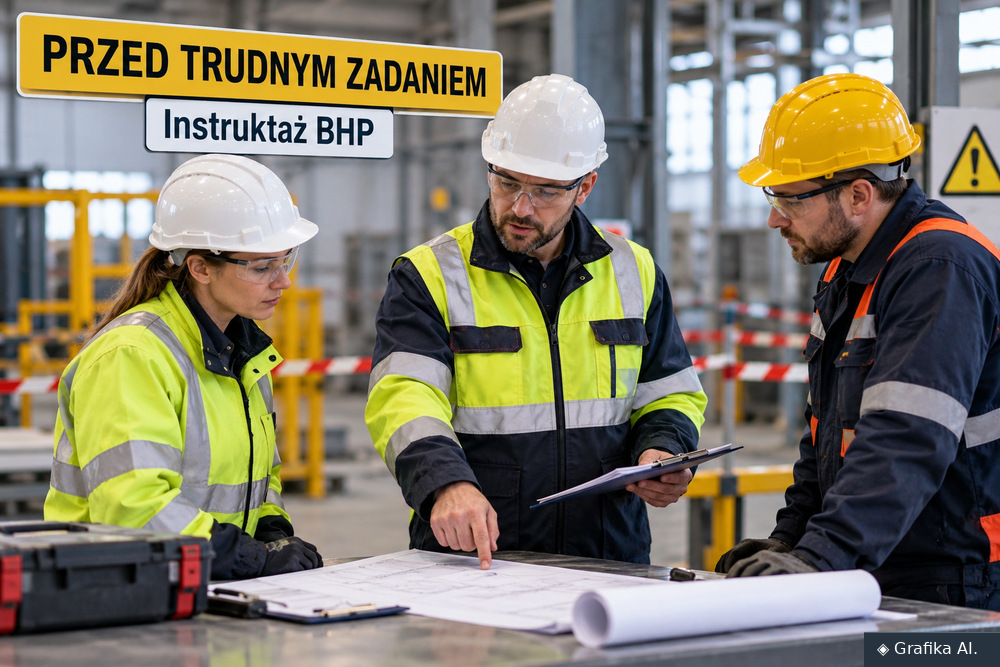 Przełożony i dwoje pracowników w kaskach omawiają plan zadania przy stole w hali – ilustracja AI.