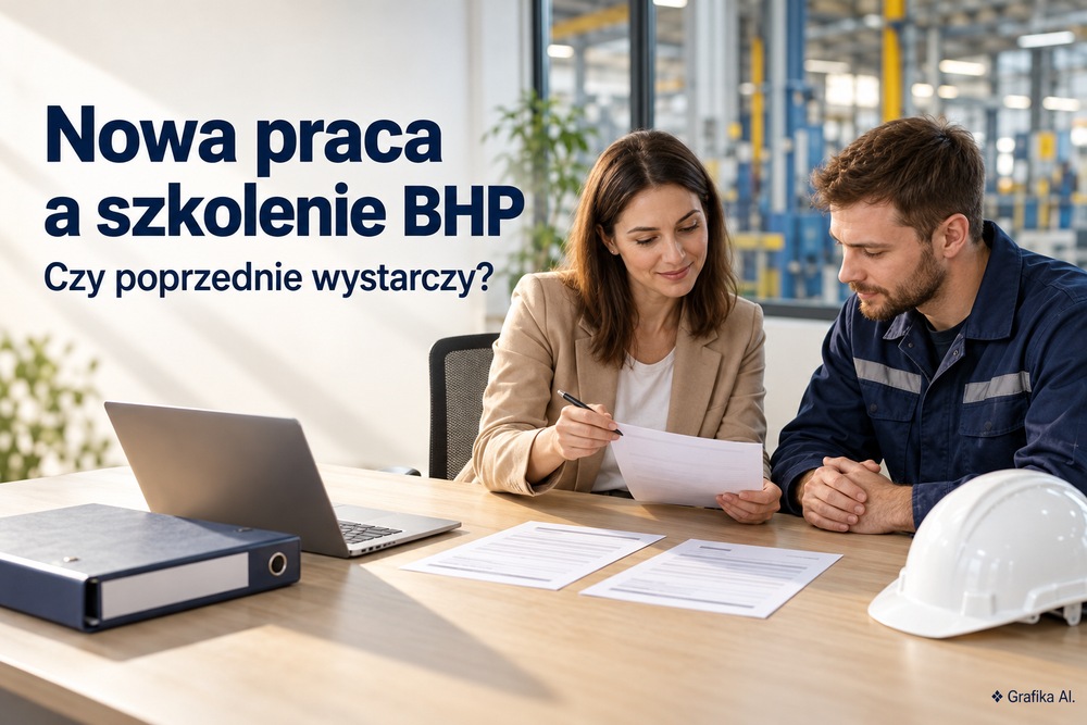 Specjalistka BHP i nowy pracownik weryfikują dokumenty szkolenia od poprzedniego pracodawcy. Grafika AI.
