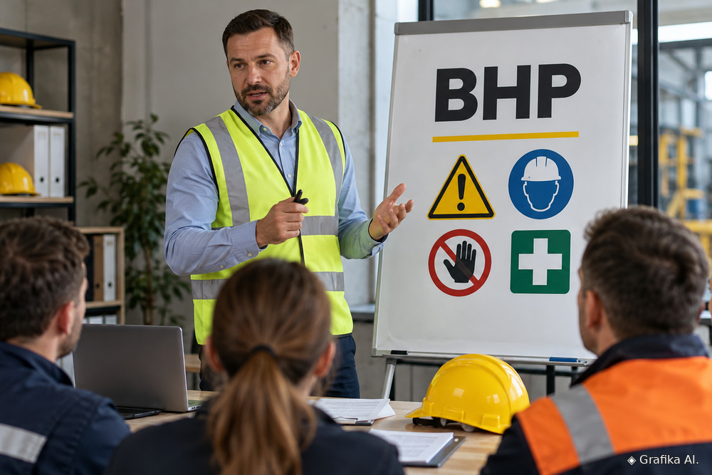 Instruktor prowadzi szkolenie BHP dla pracowników przy tablicy ze znakami bezpieczeństwa – ilustracja AI.