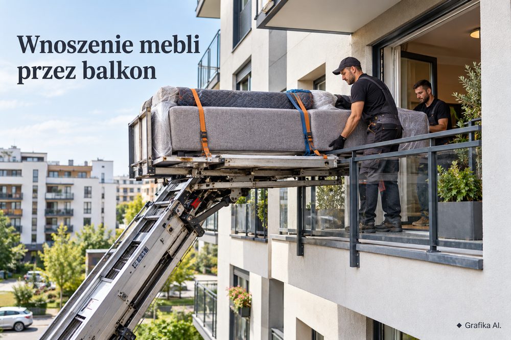 Wnoszenie kanapy przez balkon za pomocą zewnętrznej windy meblowej